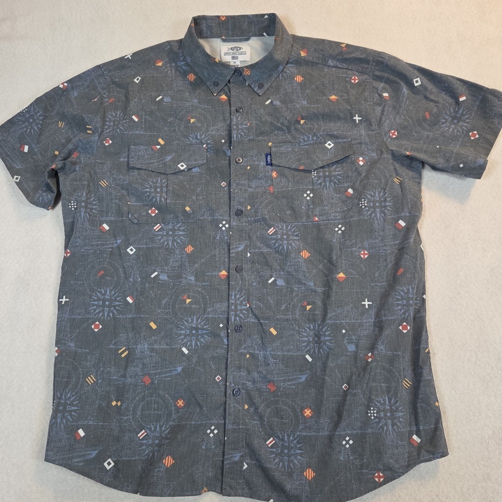 Aftco Shirt Mens XL Short Sleeve Vented Gray Nautical Print Flap Pocket Camp - Picture 1 of 11